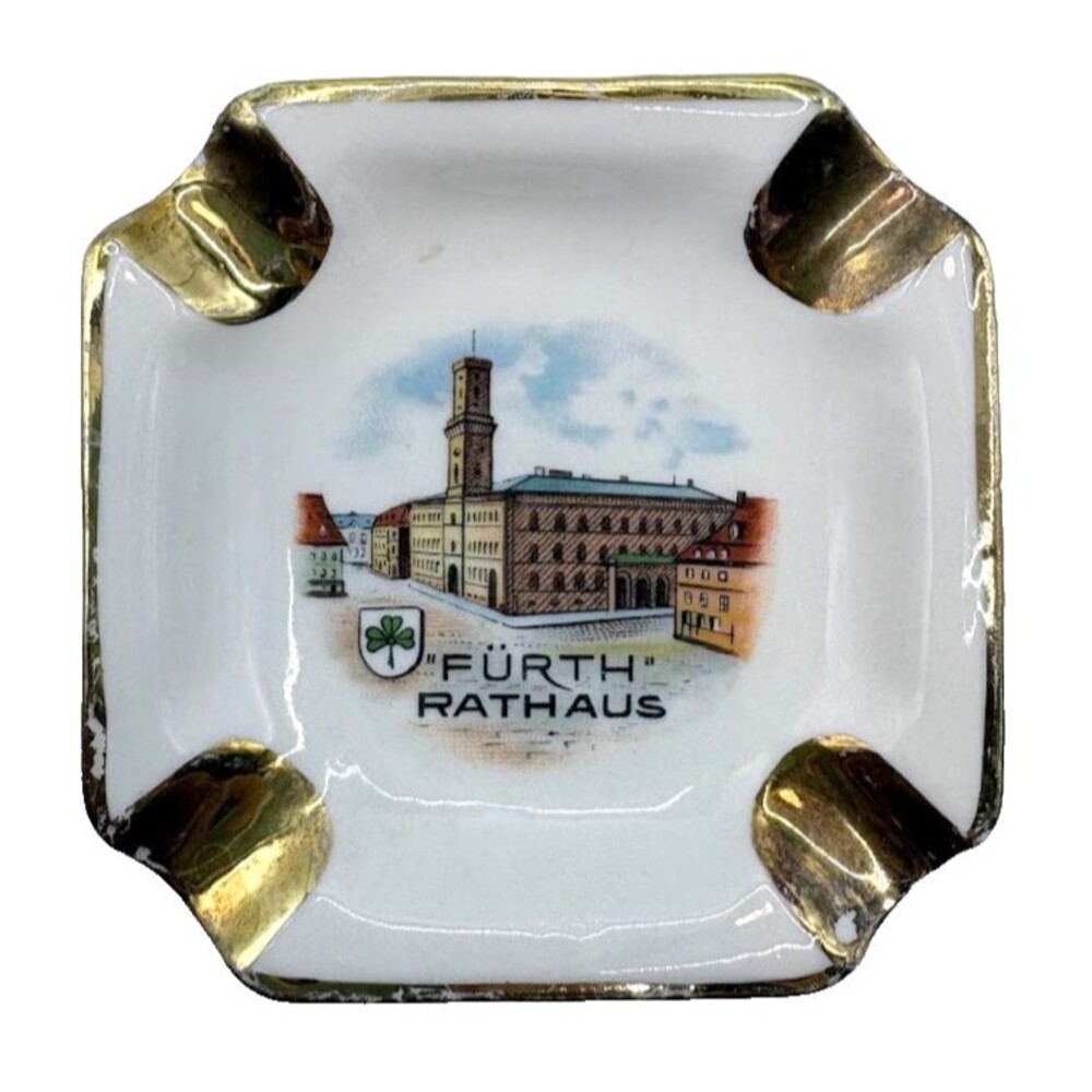 Vintage Fürth Rathaus Germany Porcelain Ashtray Gold Trim Souvenir MCM